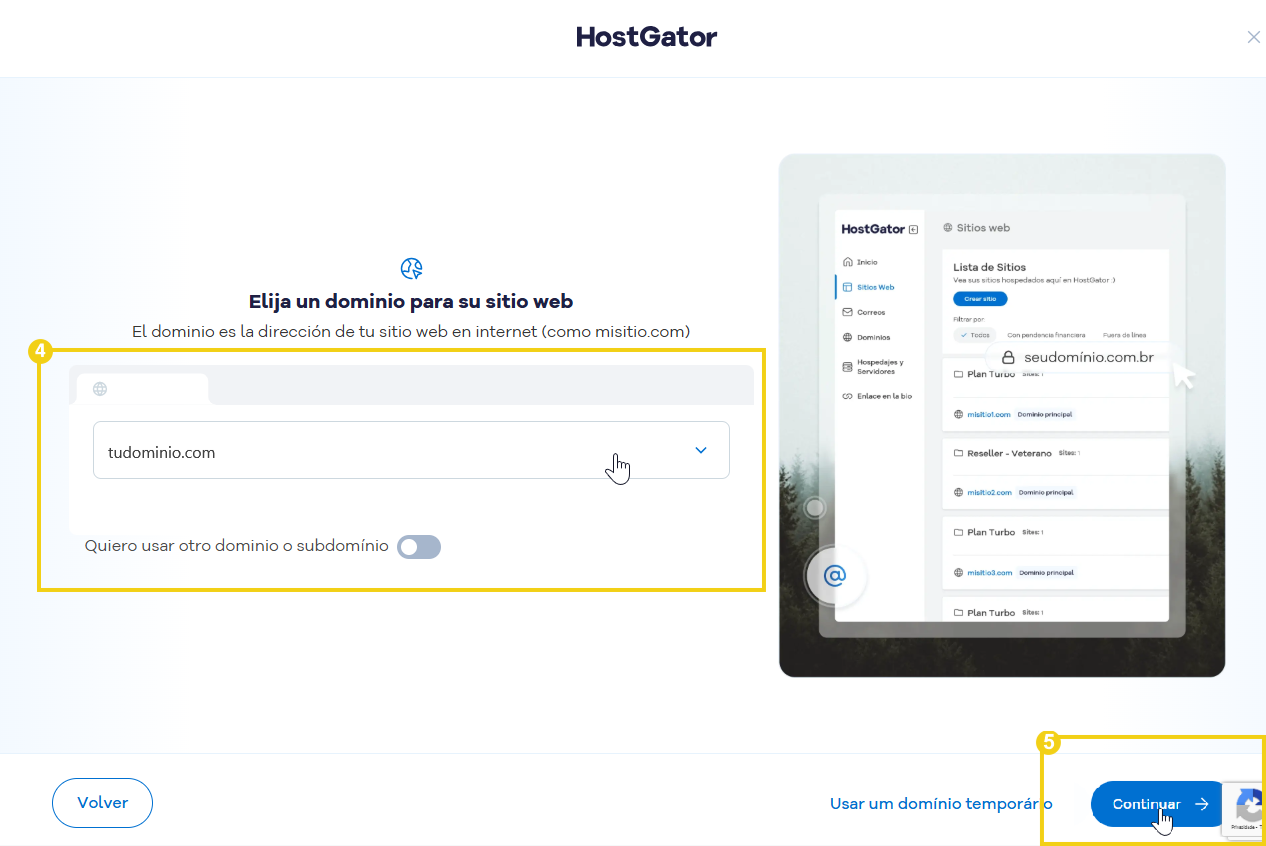 Pantalla de registro de dominio en HostGator que muestra opciones para registrar y administrar sitios web en la plataforma de alojamiento web.