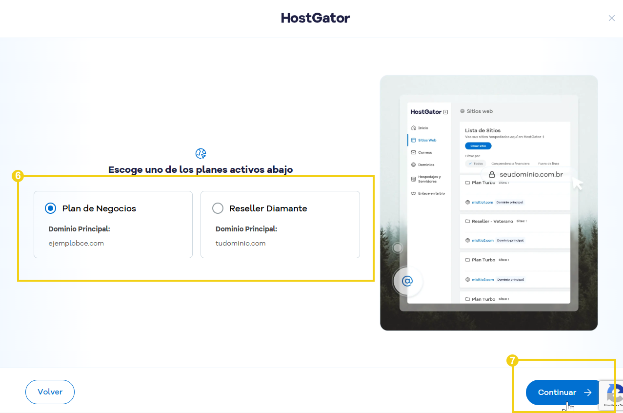Pantalla de selección de plan de alojamiento con opciones de planes de negocios y revendedores de diamantes, que muestra detalles y planes disponibles.