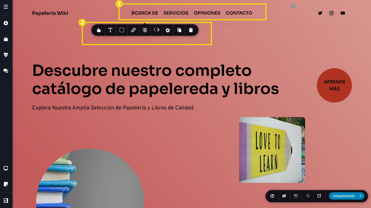 La imagen muestra la pantalla del editor del Creador de sitios con IA, para editar el menú principal