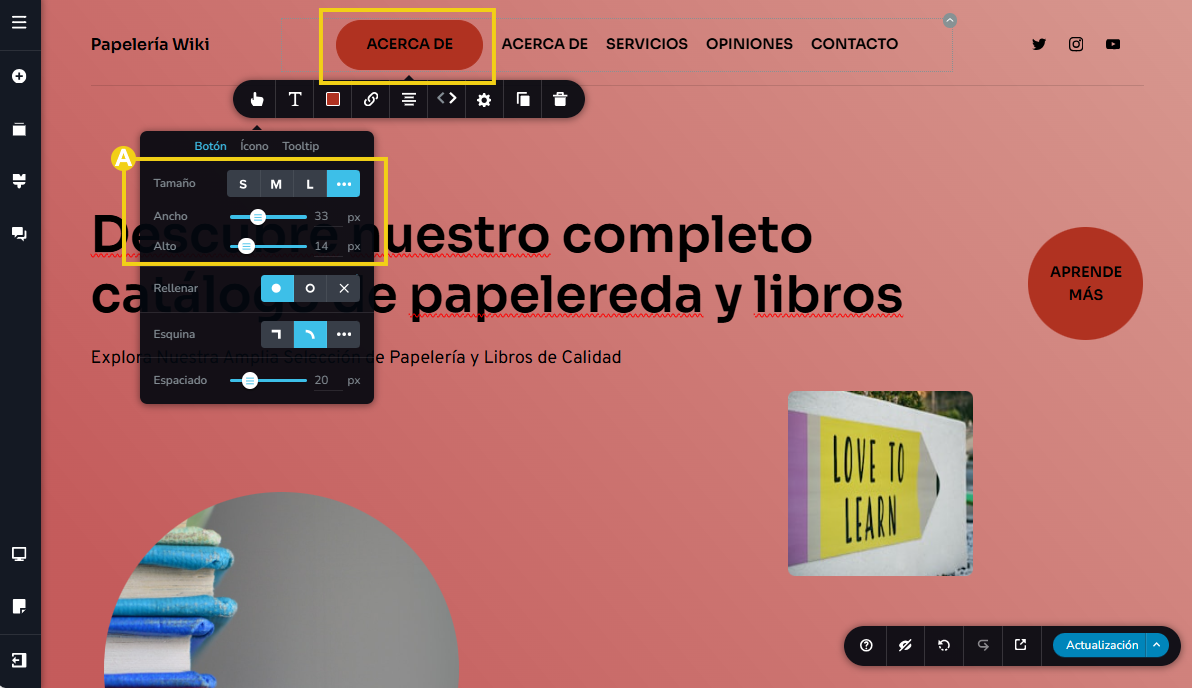Imagen muestra la pantalla del editor del Creador de sitios con IA, con marcación en las configuraciones de tamaño del botón