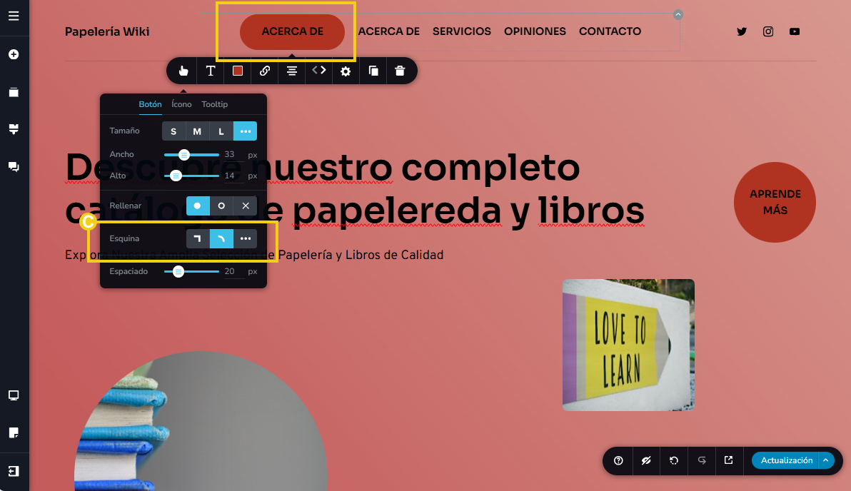 La imagen muestra la pantalla del editor del Creador de sitios con IA, con marcación en la configuración de los bordes del botón