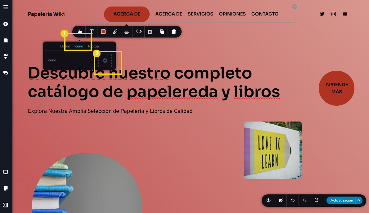 Imagen muestra la pantalla del editor del Creador de sitios con IA, con marcación en ícono y carga