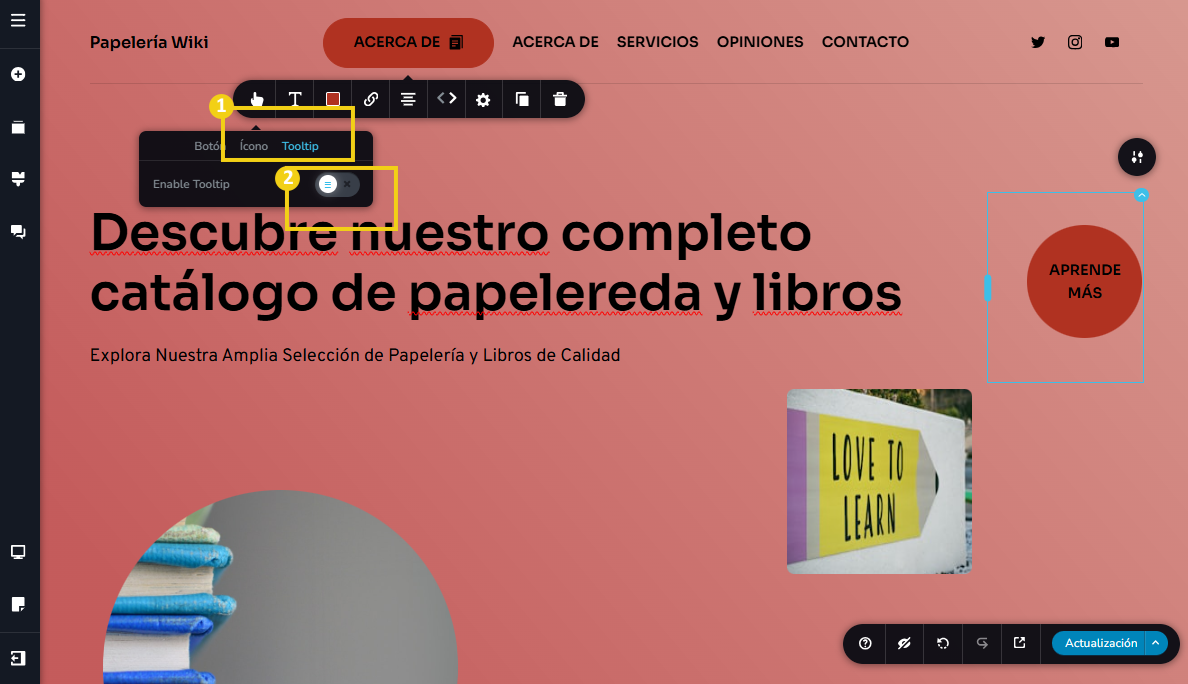 La imagen muestra la pantalla del editor del Creador de sitios con IA, con marcado en el elemento "Tooltip' y el botón para activar