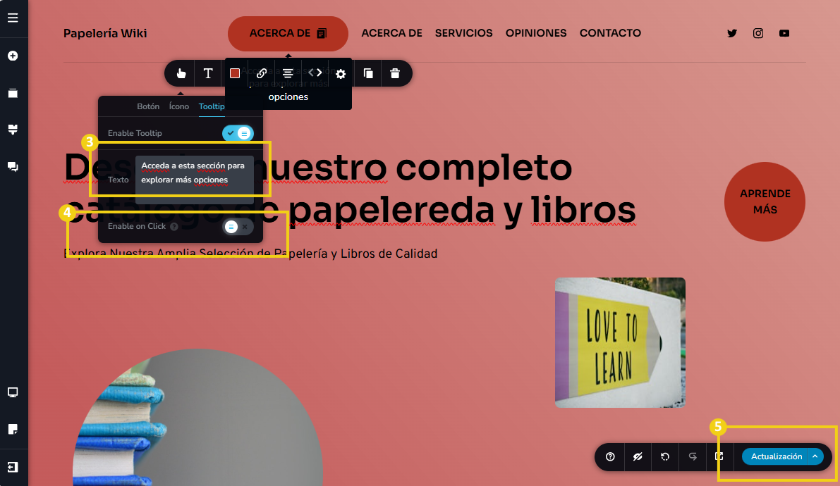 La imagen muestra la pantalla del editor del Creador de sitios con IA, con marcado en el cuadro de texto, forma de activación y en el botón guardar, que se llama "Actualización"