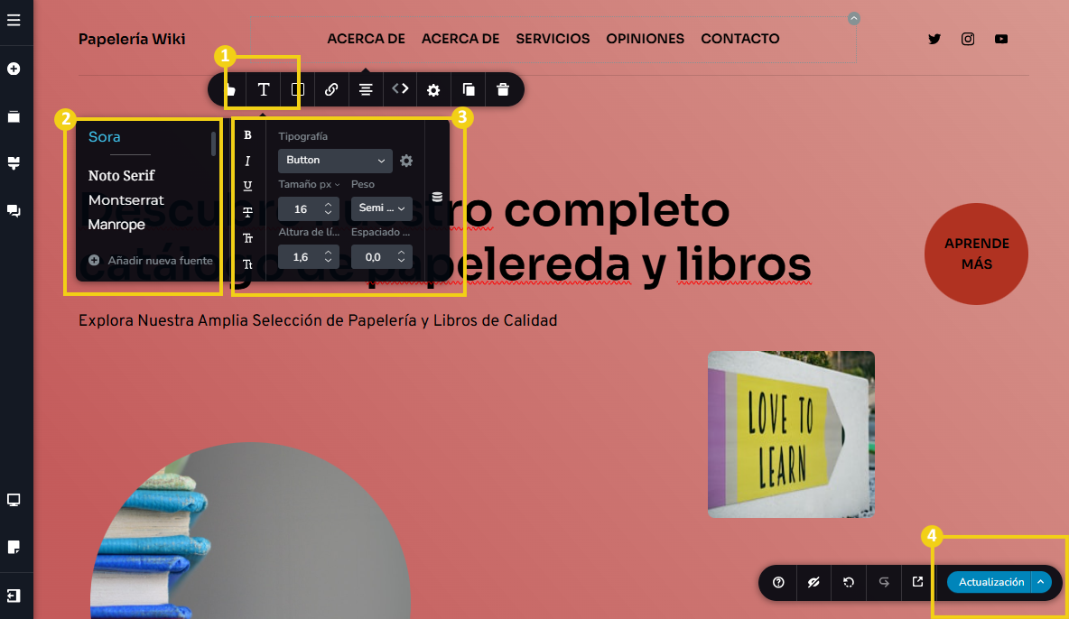 Imagen muestra la pantalla del editor del Creador de sitios con IA, con marcación en las configuraciones de fuente