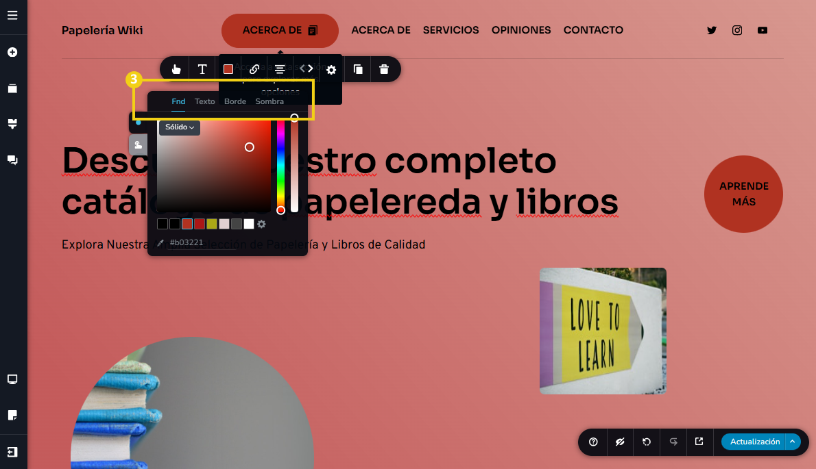 Imagen muestra la pantalla del editor del Creador de sitios con IA, con marcación en las opciones que tiene disponible para configurar los colores