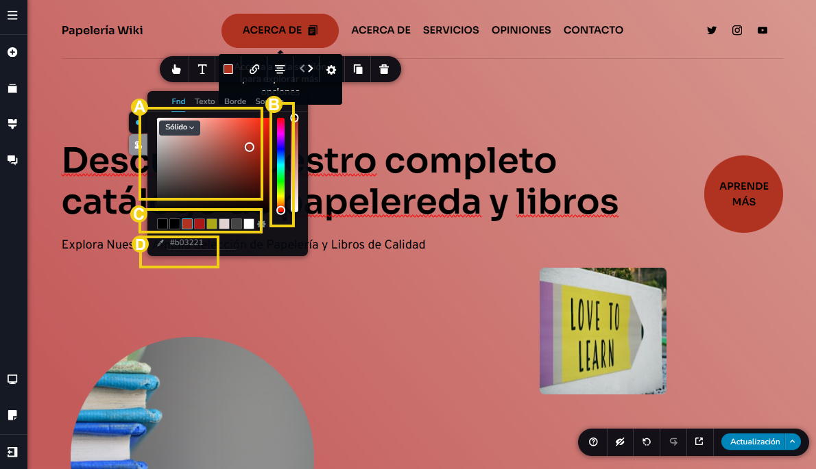 Imagen muestra la pantalla del editor del Creador de sitios con IA, con marcación en los recursos para definir los colores