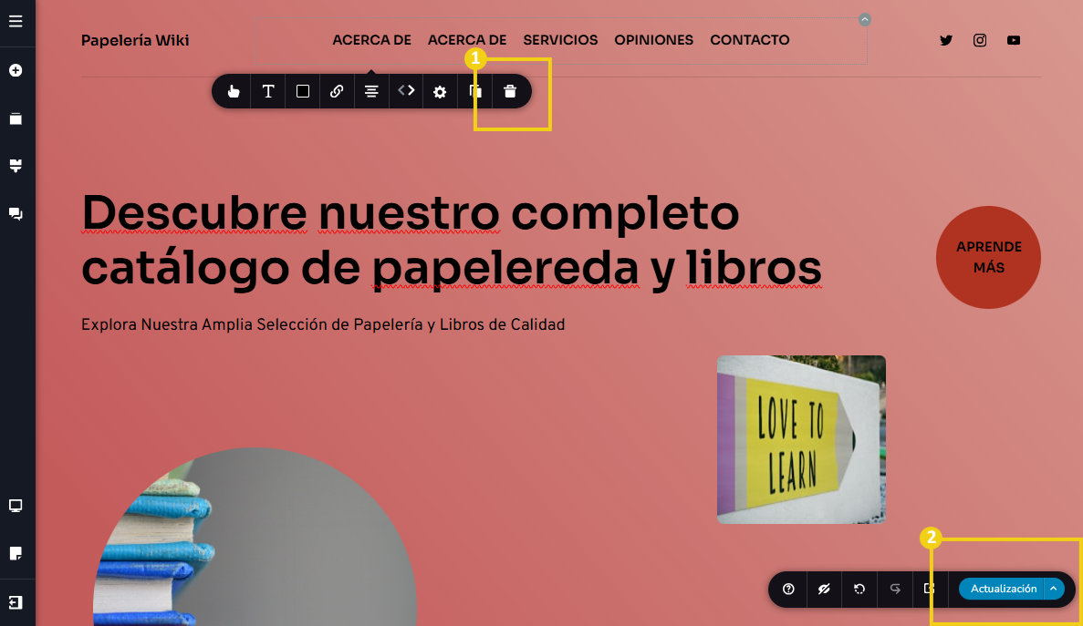 La imagen muestra la pantalla del editor del Creador de sitios con IA, con marcado en el ícono que elimina el elemento del menú