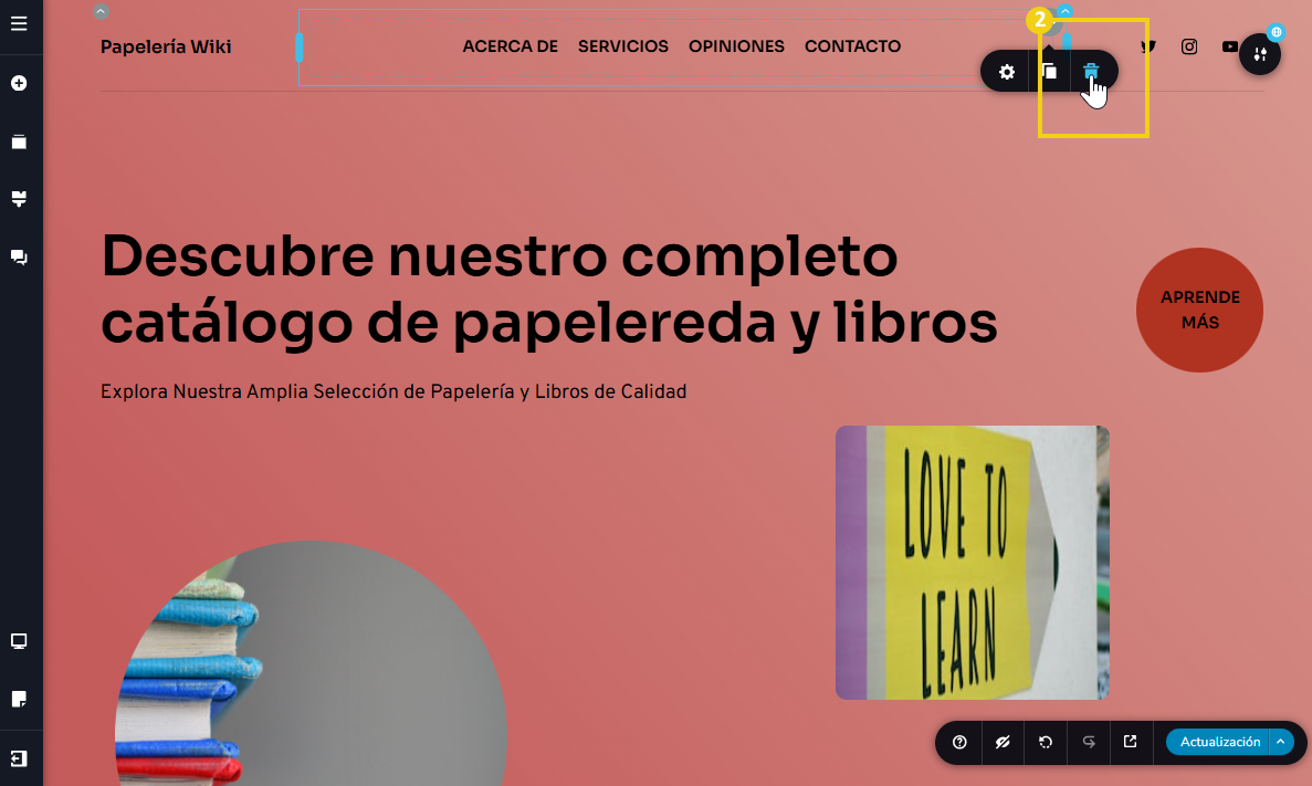 Imagen muestra la pantalla del editor del Creador de sitios con IA, con marcación en la configuración en el ícono de papelera