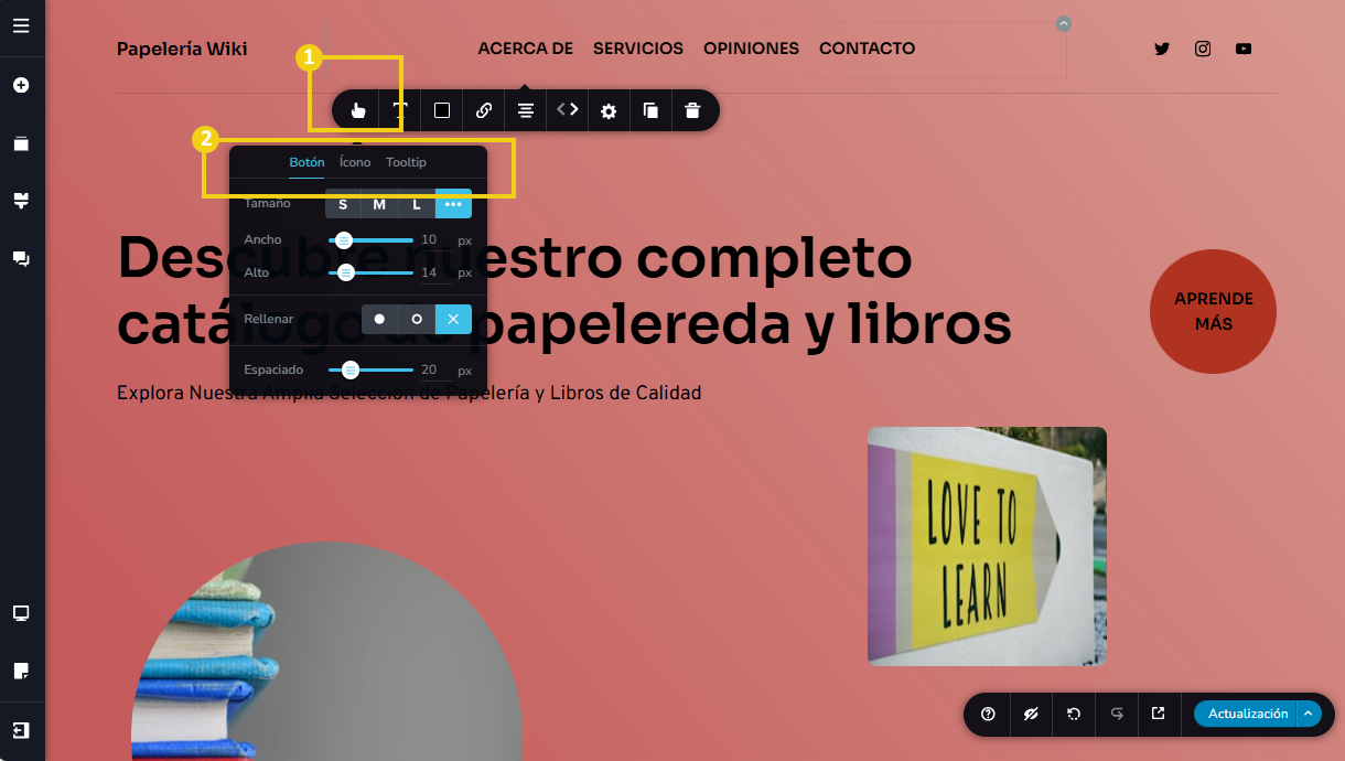 La imagen muestra la pantalla del editor del Creador de sitios con IA, con marcado en el menú de herramientas y en las configuraciones