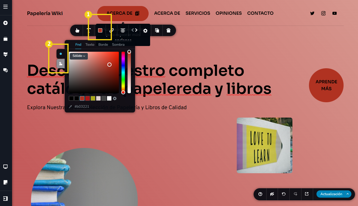 Imagen muestra la pantalla del editor del Creador de sitios con IA, con marcación en las configuraciones de colores