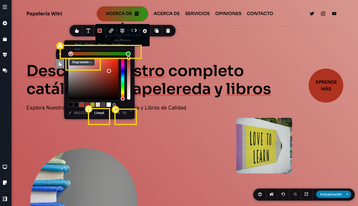 La imagen muestra la pantalla del editor del Creador de sitios con IA, con marcación en las configuraciones de fondo
