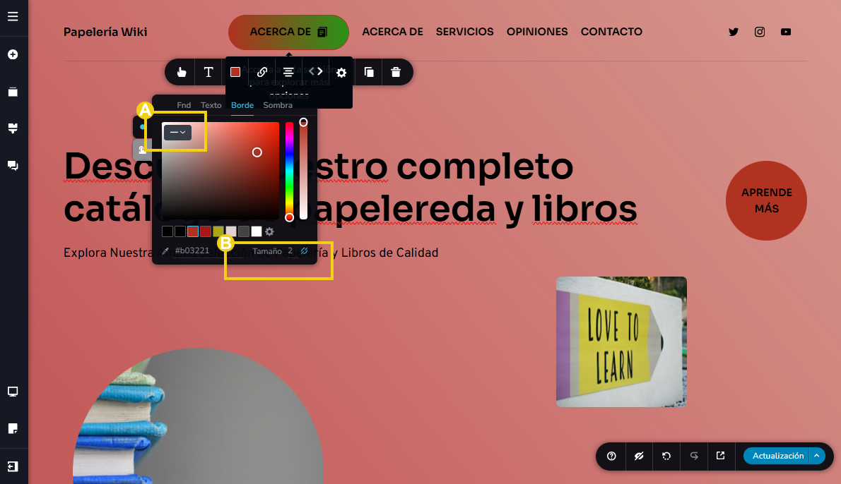La imagen muestra la pantalla del editor del Creador de sitios con IA, con marcado en las configuraciones de contorno