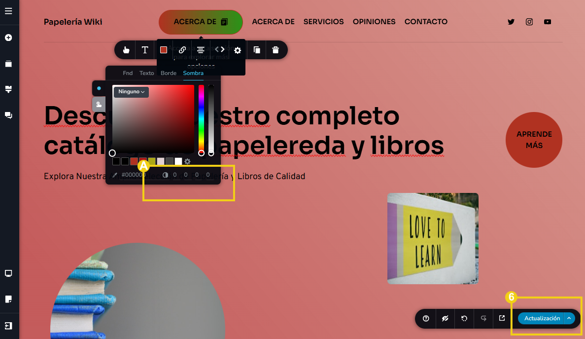 Imagen muestra la pantalla del editor del Creador de sitios con IA, con marcación en las configuraciones de sombra