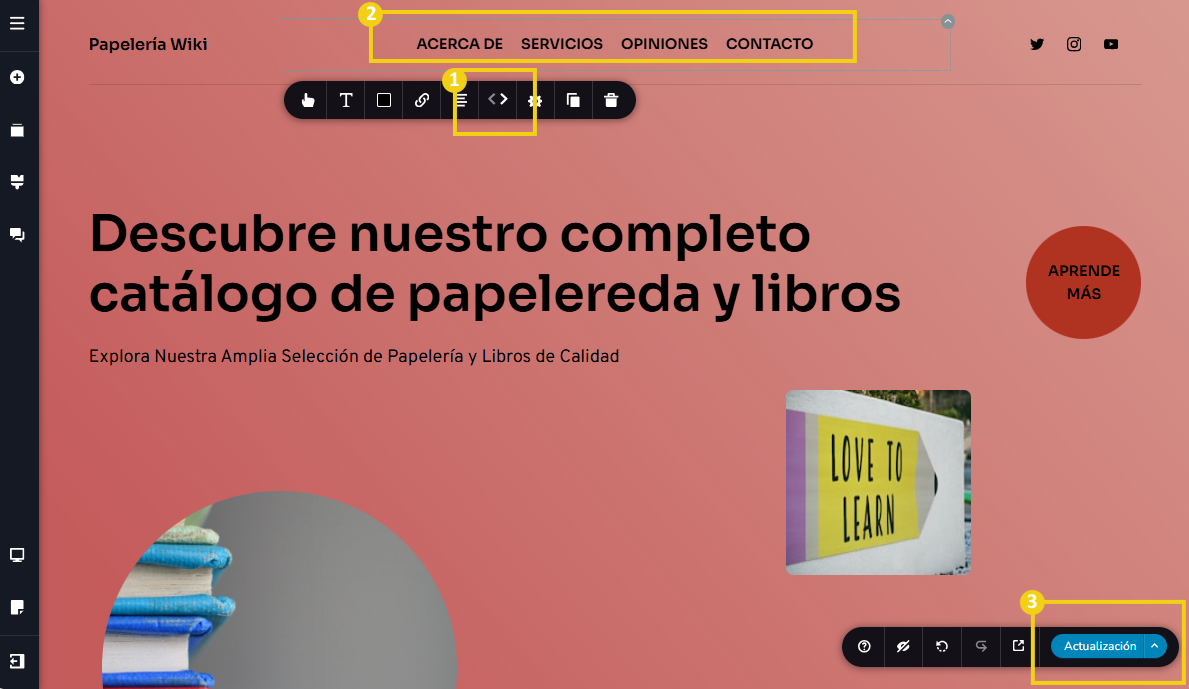 Imagen muestra la pantalla del editor del Creador de sitios con IA, con marcación en el recurso para cambiar la posición