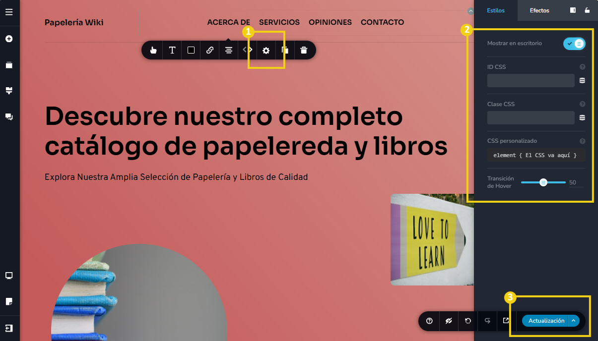 Imagen muestra la pantalla del editor del Creador de sitios con IA, con marcación en las configuraciones de CSS
