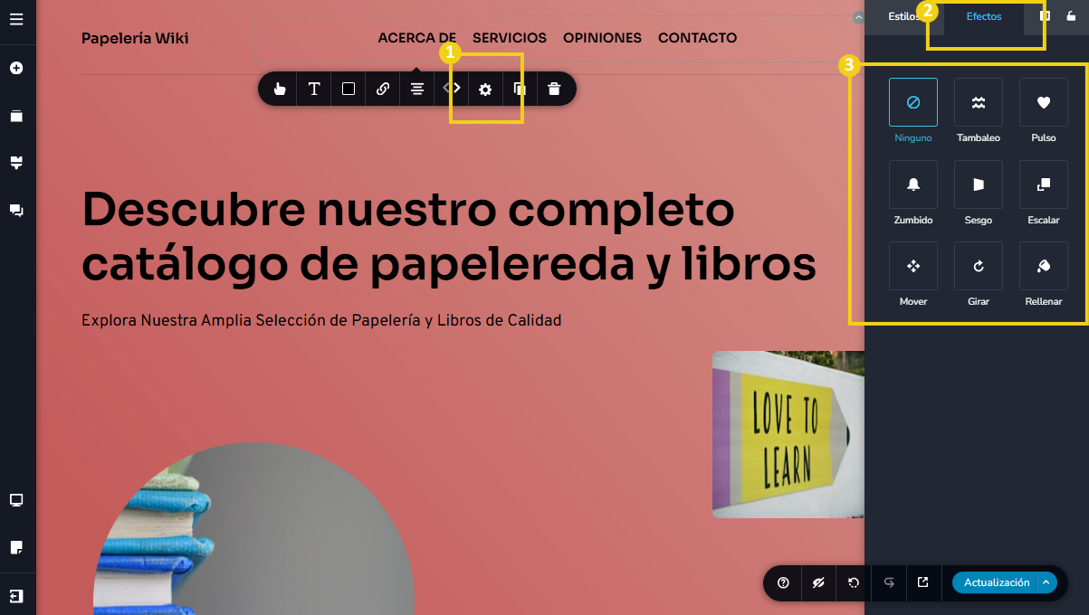 Imagen muestra la pantalla del editor del Creador de sitios con IA, con marcación en la configuración de efectos