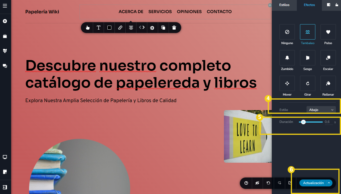 Imagen muestra la pantalla del editor del Creador de sitios con IA, con marcación en las configuraciones que son posibles de acuerdo con el efecto elegido
