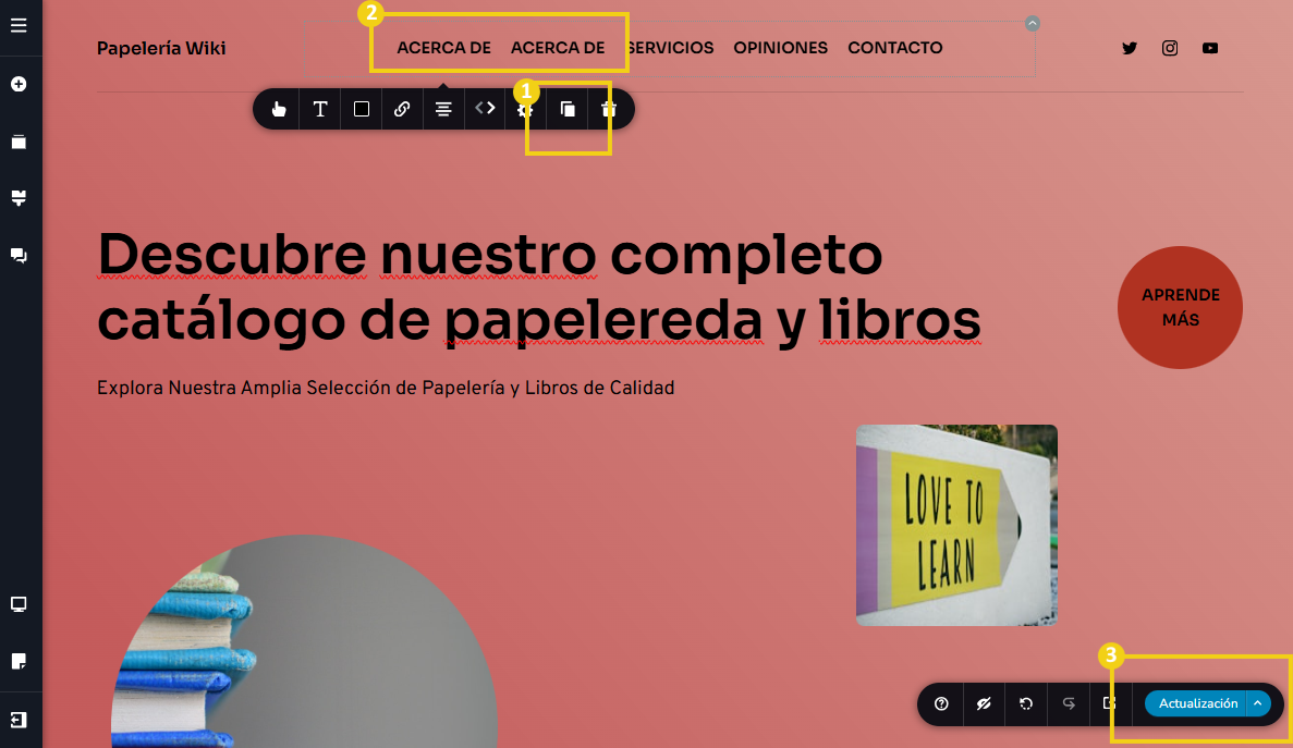 Imagen muestra la pantalla del editor del Creador de sitios con IA, con marcación en el ícono que duplica el elemento de menú