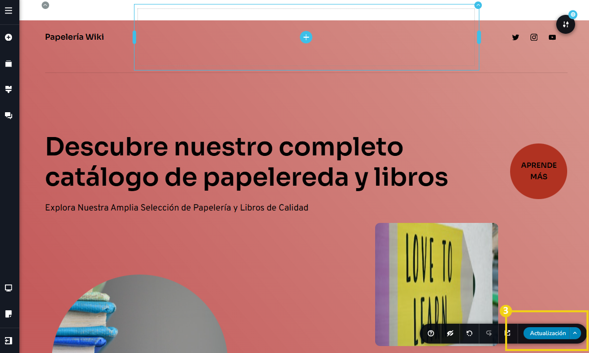 Imagen muestra la pantalla del editor del Creador de sitios con IA, con marcación en la configuración en el botón para guardar los cambios, llamado "Actualizar"
