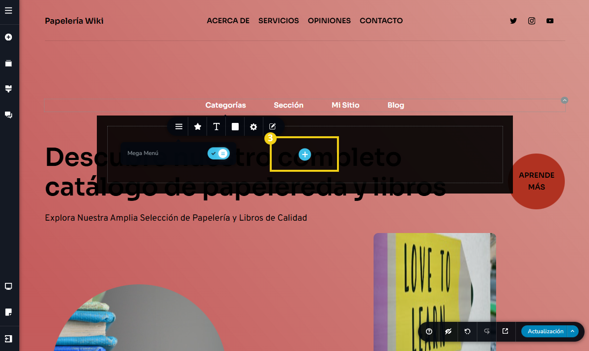 Imagen muestra la pantalla del editor del Creador de sitios con IA, con marcación en el botón de más