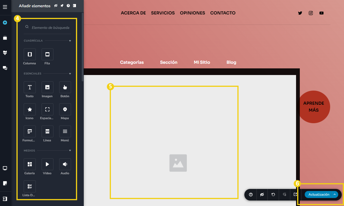Imagen muestra la pantalla del editor del Creador de sitios con IA, con marcado en el menú "Agregar elementos", en la caja del mega menú y en el botón guardar, que se llama "Actualización"