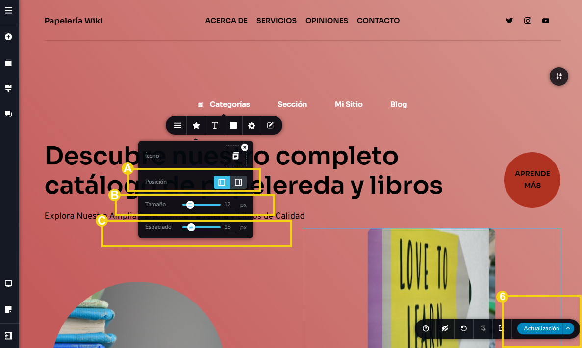 Imagen muestra la pantalla del editor del Creador de sitios con IA, con marcación en la configuración del ícono