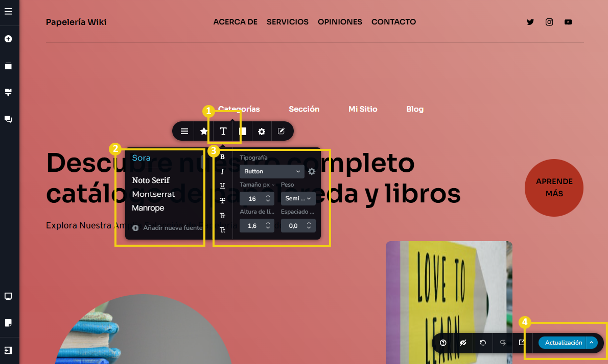 Imagen muestra la pantalla del editor del Creador de sitios con IA, con marcación en las opciones de configuración de la fuente