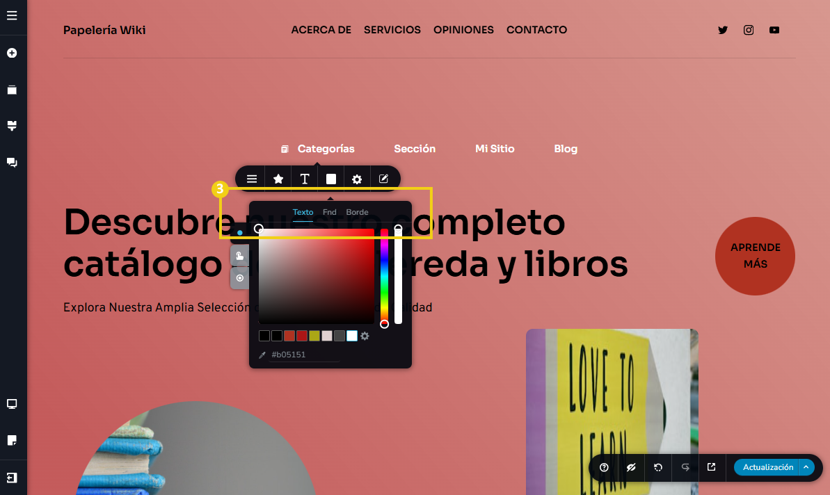 Imagen muestra la pantalla del editor del Creador de sitios con IA, con marcación en las pestañas que son posibles configurar