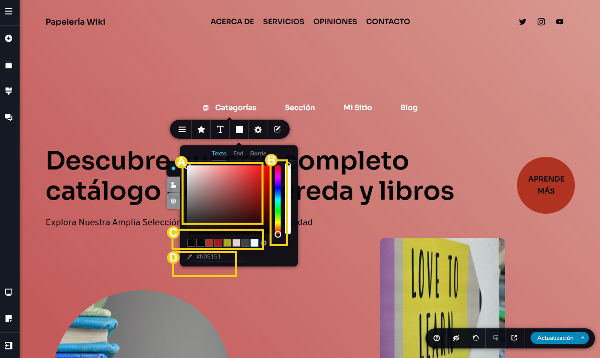 Imagen muestra la pantalla del editor del Creador de sitios con IA, con marcación en los recursos para definir los colores