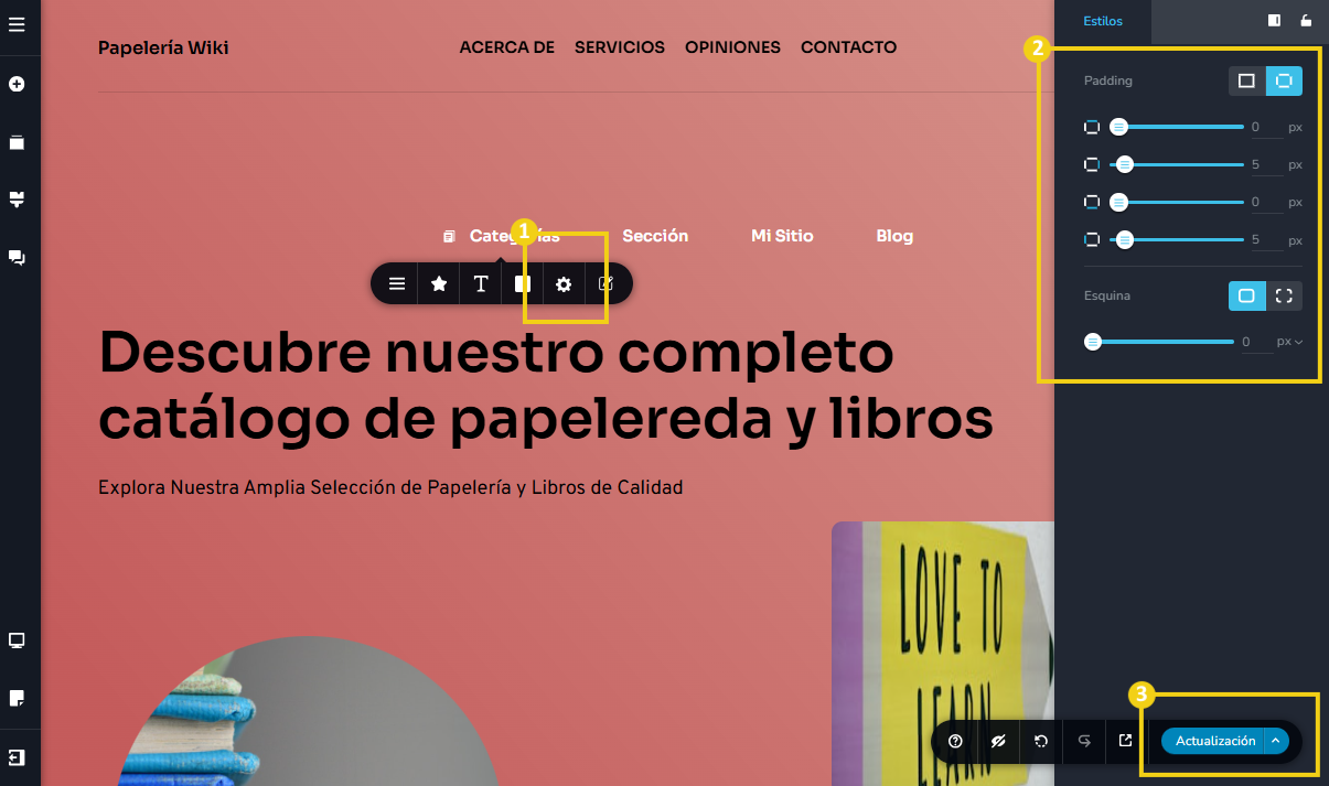 La imagen muestra la pantalla del editor del Creador de sitios con IA, con marcación en los recursos para definir relleno y bordes