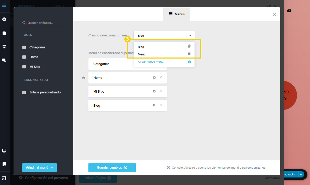 Imagen muestra la pantalla del editor del Creador de sitios con IA, con marcación en la lista de menús, en caso de tener más de uno