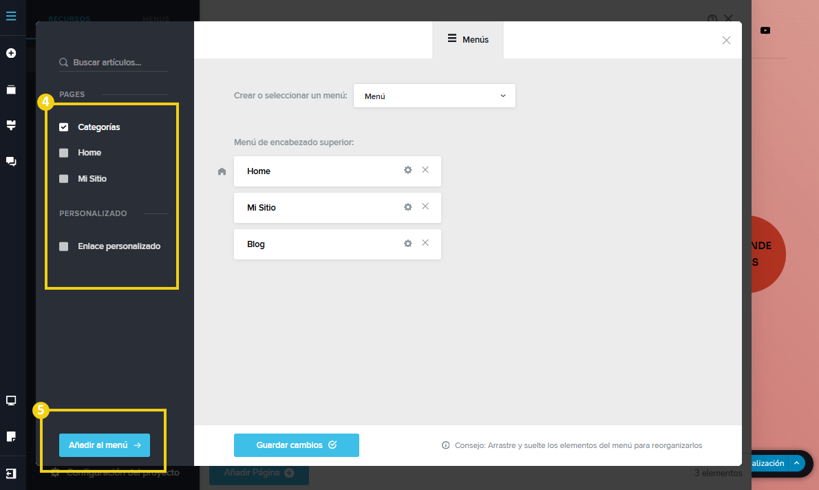 Imagen muestra la pantalla del editor del Creador de sitios con IA, con marcación en los elementos de menú que puede agregar