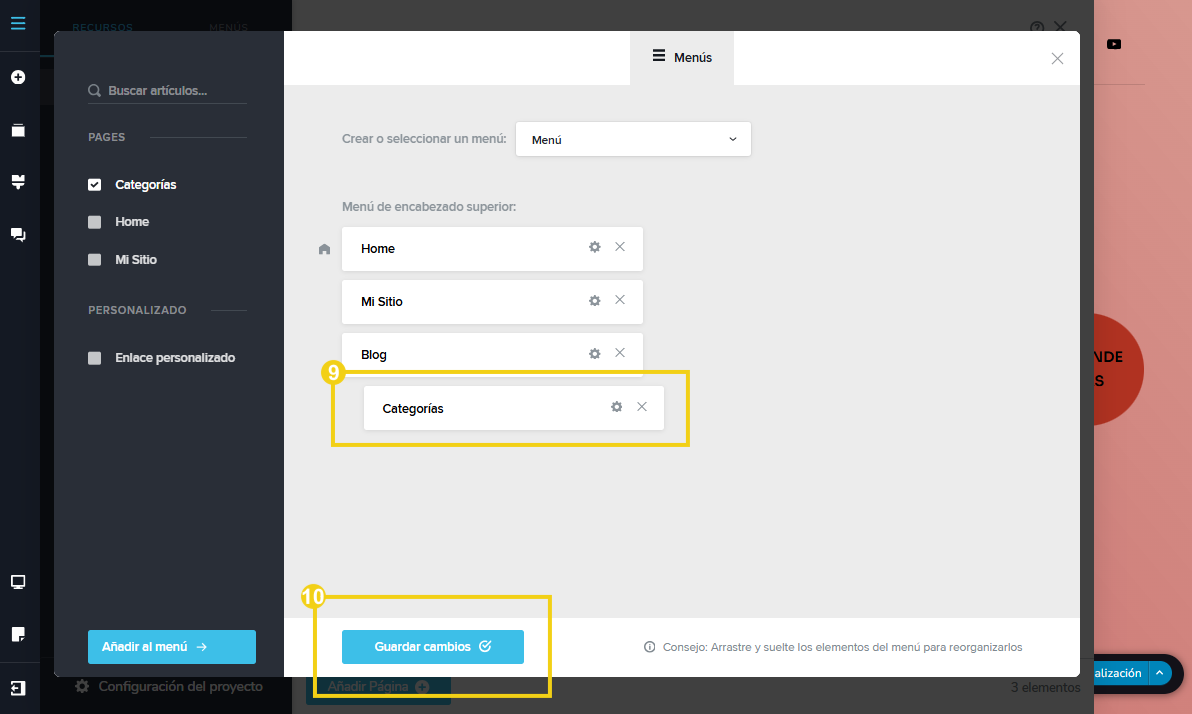 Imagen muestra la pantalla del editor del Creador de sitios con IA, con marcación en las configuraciones en el elemento de menú que se ha definido como submenú y en el botón "Guardar cambios"