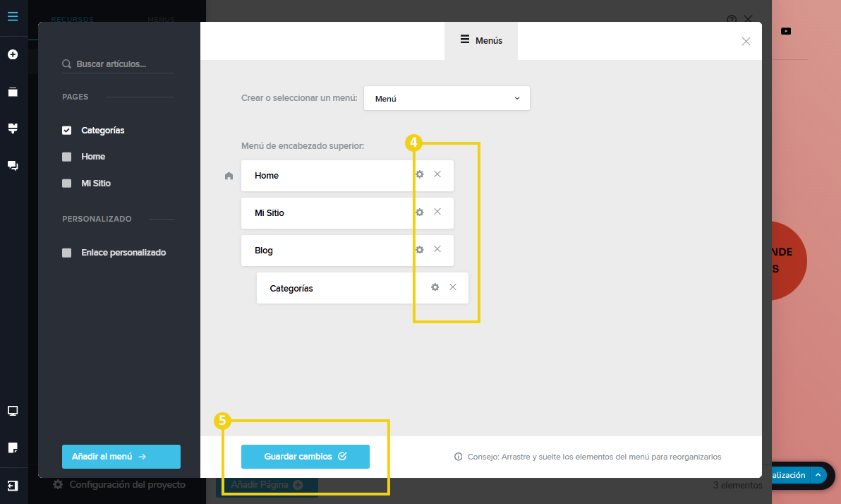 Imagen muestra la pantalla del editor del Creador de sitios con IA, con marcación en las configuraciones en los íconos de X para remover