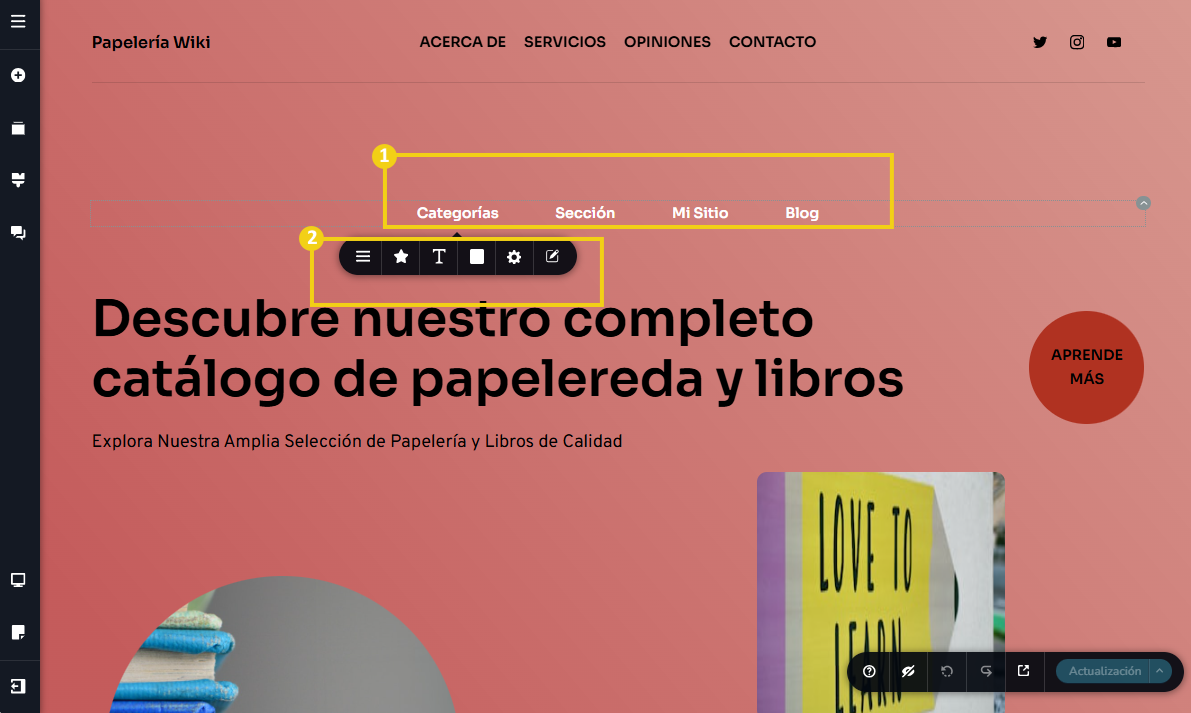 La imagen muestra la pantalla del editor del Creador de sitios con IA, con marcado en el menú agregado y la barra de herramientas