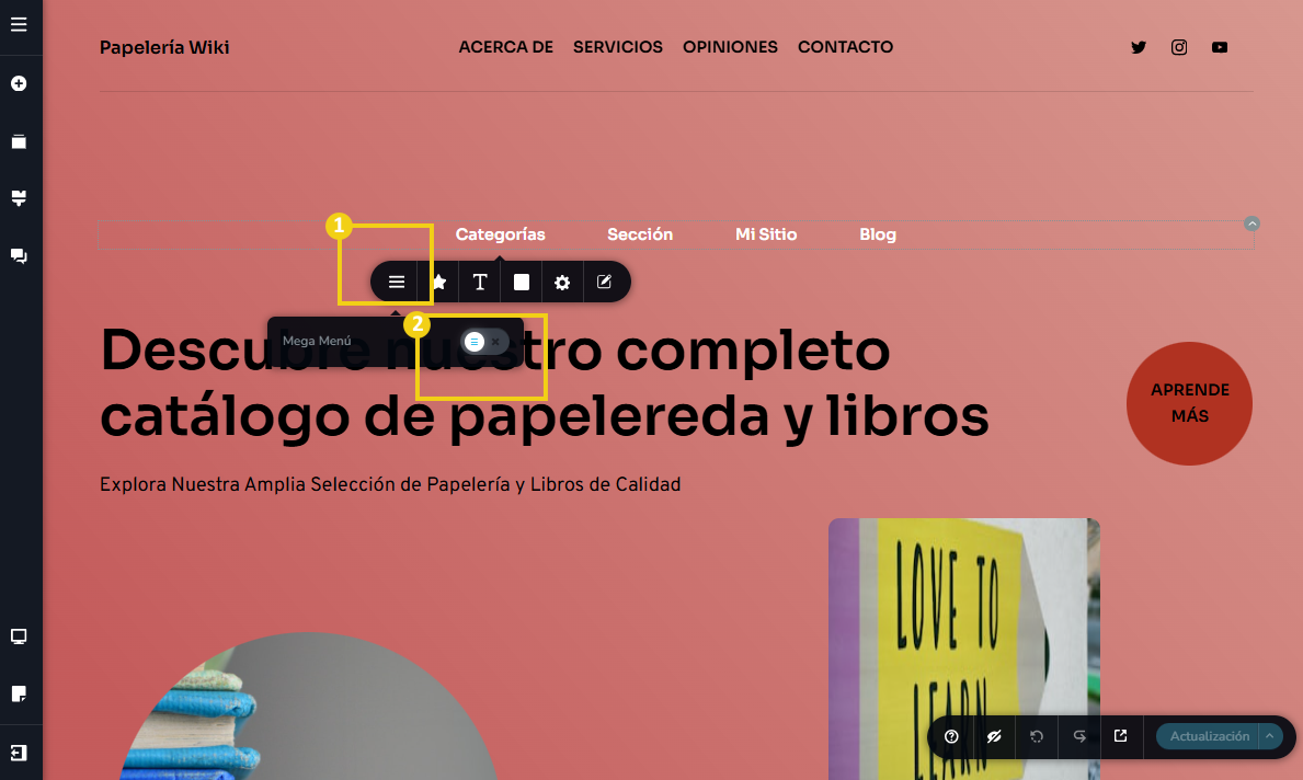 Imagen muestra la pantalla del editor del Creador de sitios con IA, con marcación en el botón y en la activación del mega menú