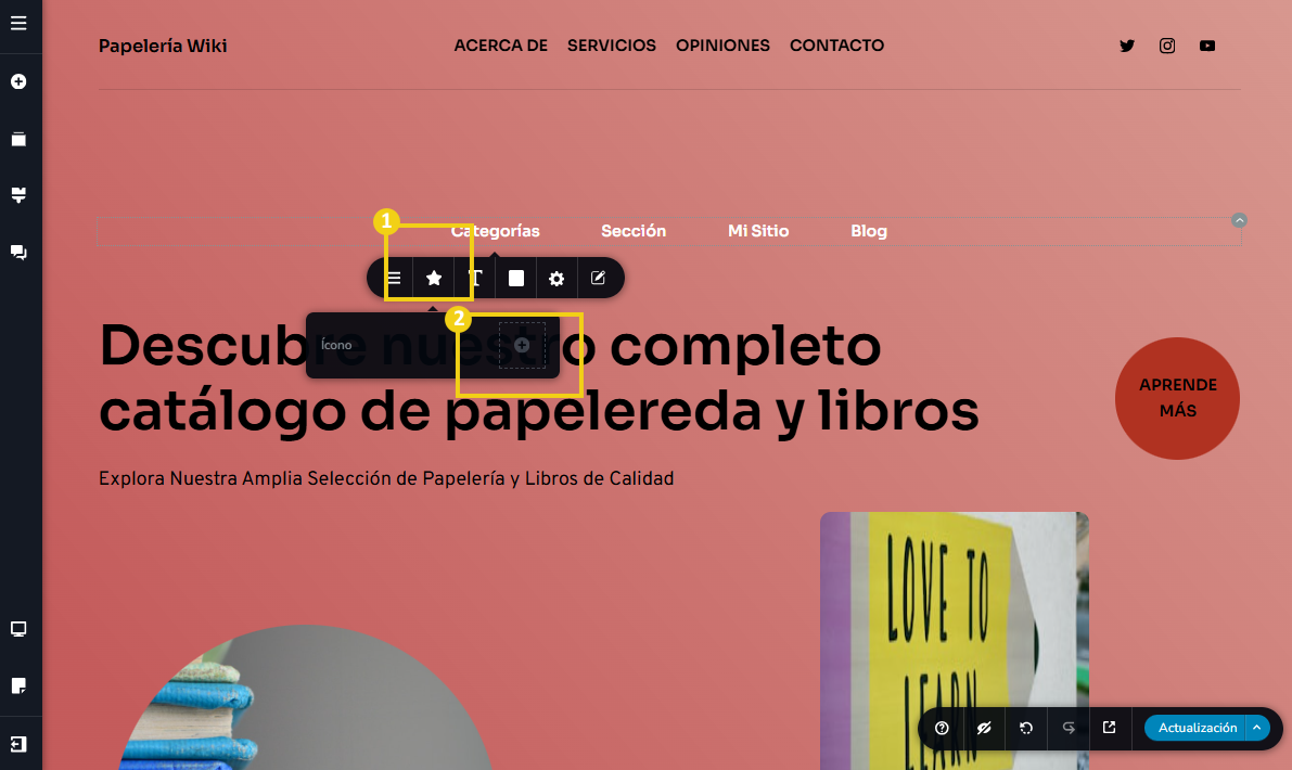 La imagen muestra la pantalla del editor del Creador de sitios con IA, con marcado en el botón de estrella y en el botón de carga