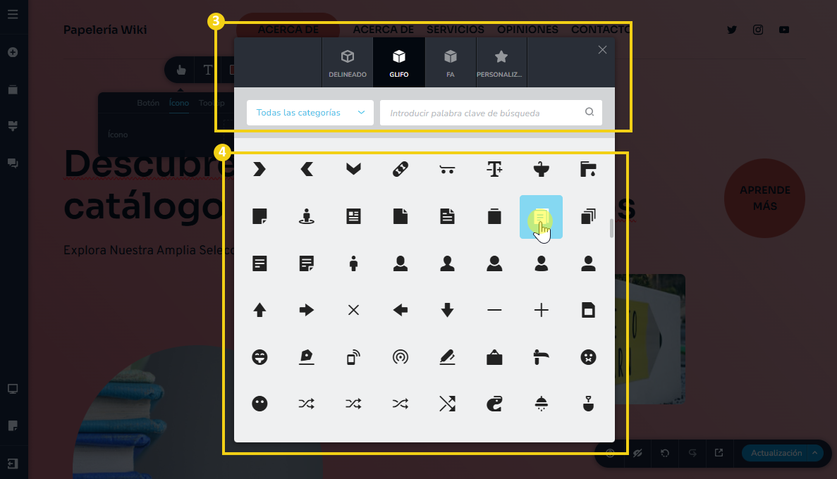 La imagen muestra la pantalla del editor del Creador de sitios con IA, con marcación en los íconos que son disponibles