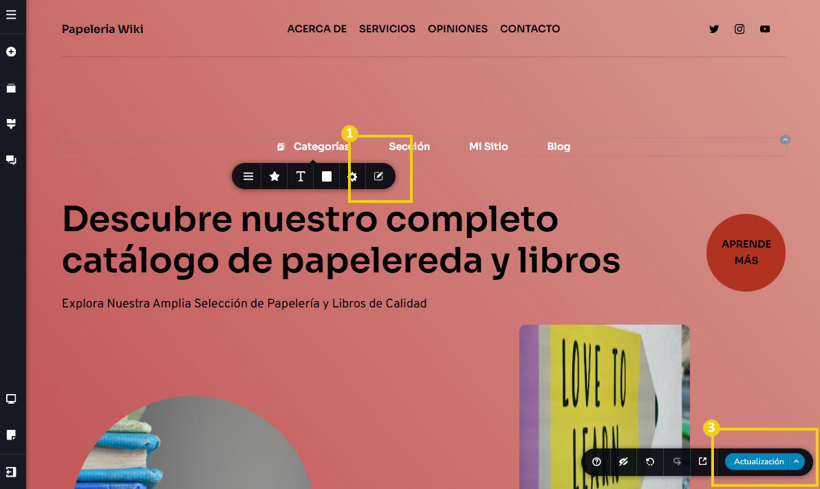 La imagen muestra la pantalla del editor del Creador de sitios con IA, con marcado en el botón que lleva a la edición de la página