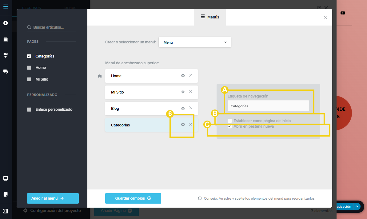 Imagen muestra la pantalla del editor del Creador de sitios con IA, con marcación en las configuraciones que puede hacer en el menú agregado