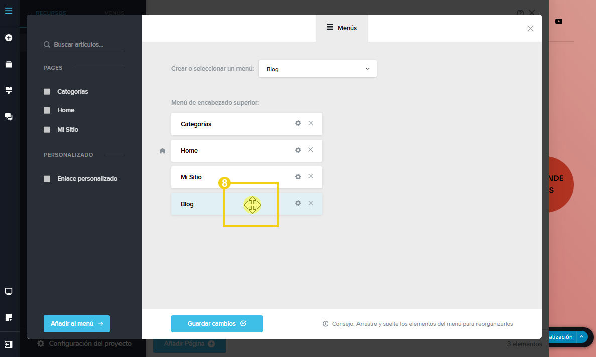 Imagen muestra la pantalla del editor del Creador de sitios con IA, con marcación en las configuraciones en el ícono que aparece para reordenar