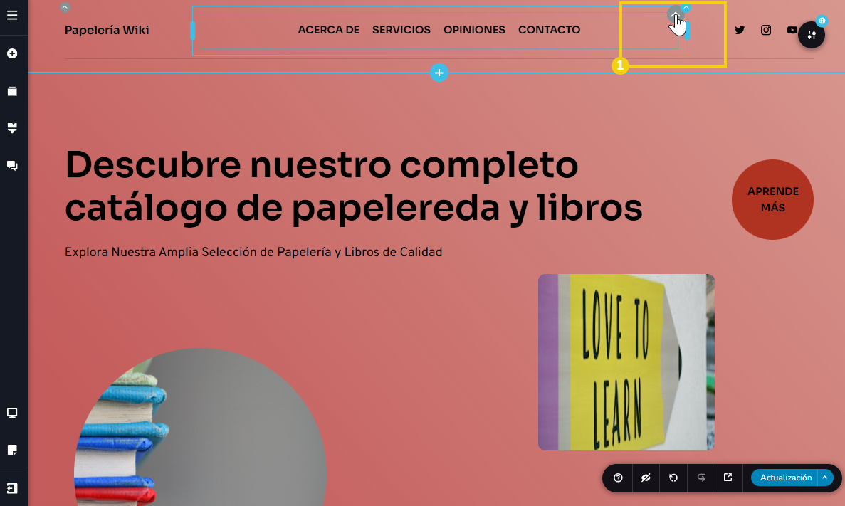 La imagen muestra la pantalla del editor del Creador de sitios con IA, con marcación en la configuración en el ícono de flecha