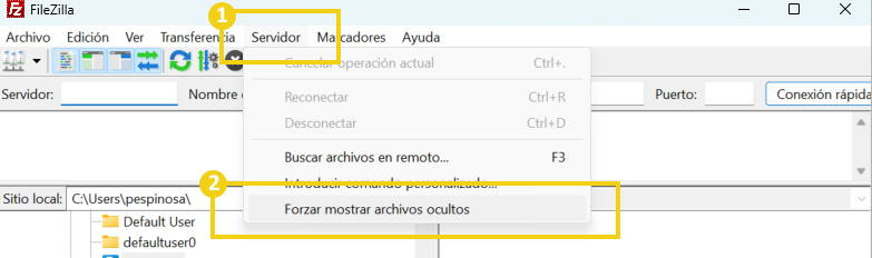Captura de pantalla de FileZilla mostrando la opción de forzar la muestra de archivos ocultos en el menú del servidor. Este recurso es útil para gestionar archivos en el FTP.