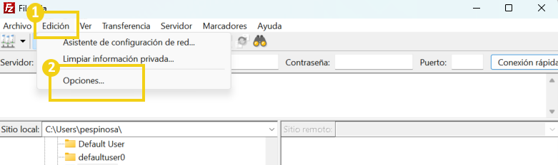 Captura de pantalla del menú del programa FileZilla, mostrando la opción 'Editar' y las configuraciones de red, con destaque en las opciones disponibles para el usuario.