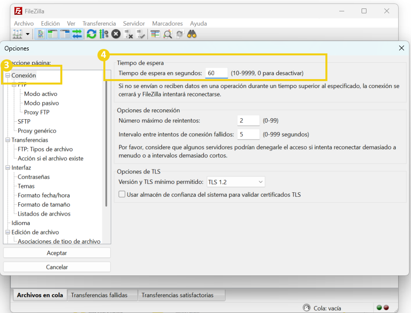 Pantalla de configuraciones de FileZilla mostrando opciones relacionadas con la conexión, incluyendo límites de tiempo e intentos de inicio de sesión.