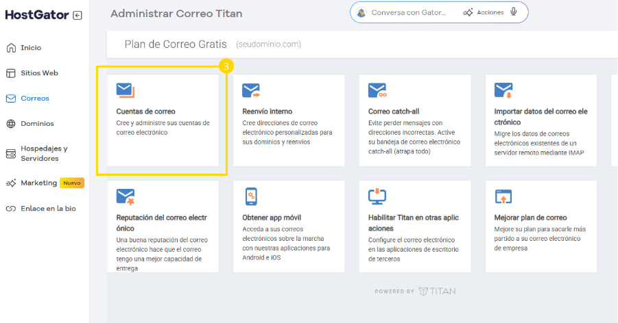  Tela de administração de correio eletrônico com o menu lateral "Correos" selecionado e o cartão de opção "Cuentas de correo".