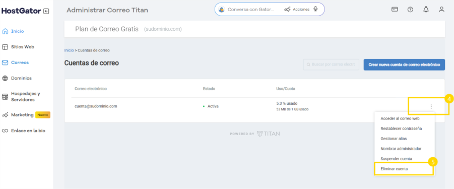 Interface de gerenciamento de contas de email, com o menu de opções aberto para uma conta listada e a opção "Eliminar cuenta" destacada.