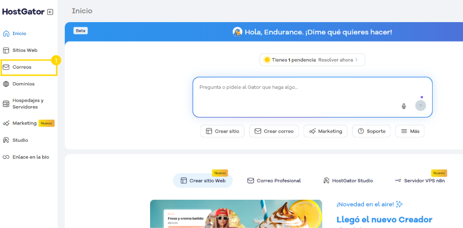 Menu de navegação lateral do portal exibindo diversas opções, com o item "Correos" destacado.