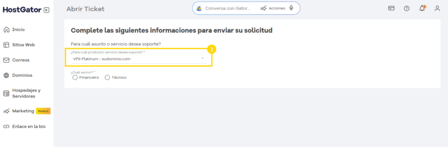Campo de formulario para Abrir Ticket que selecciona el producto/servicio "VPS Platinum" en la plataforma HostGator.
